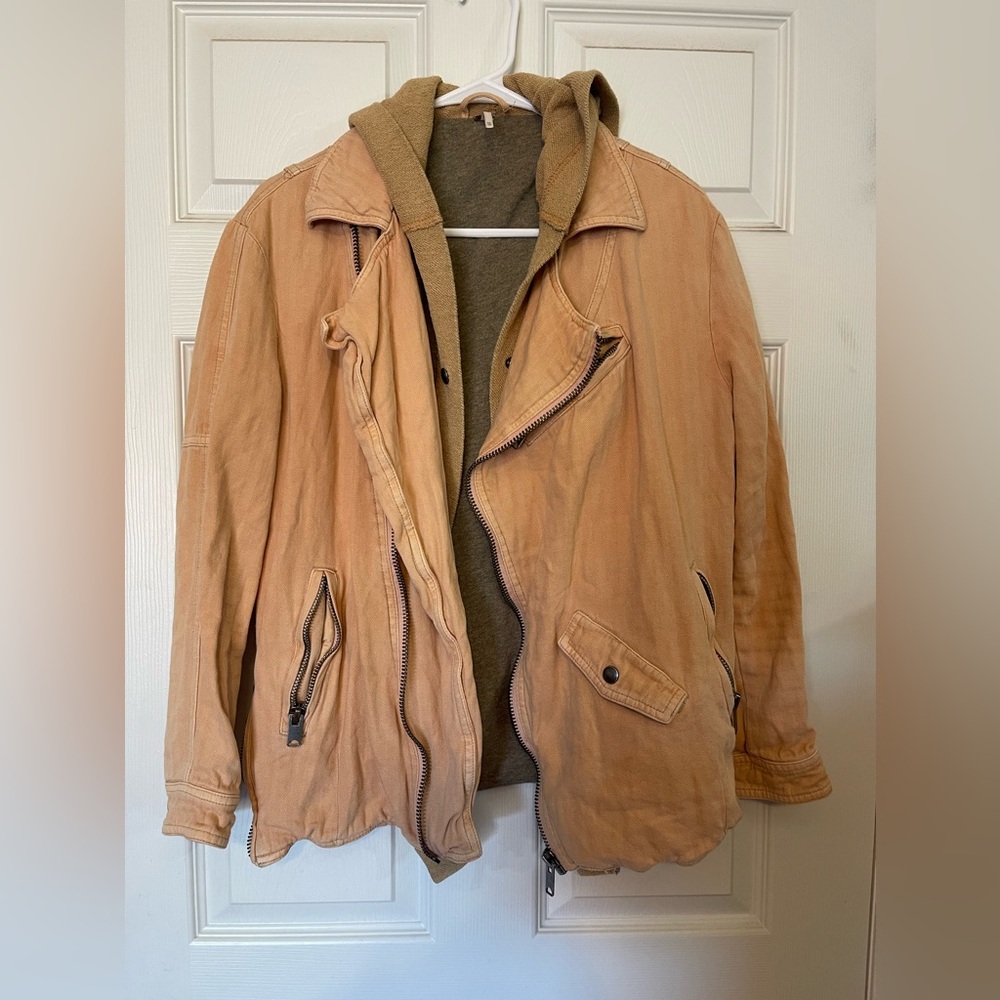 Free People Hooded Dual Placket Linen Blend Moto Beachy Jacket